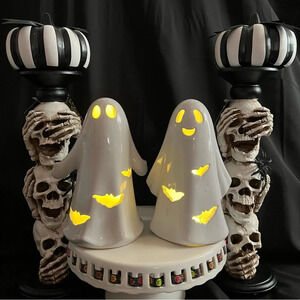 Ceramic Halloween Spooky Season Light Up White Ghosts W/ Bat Cutouts  x2